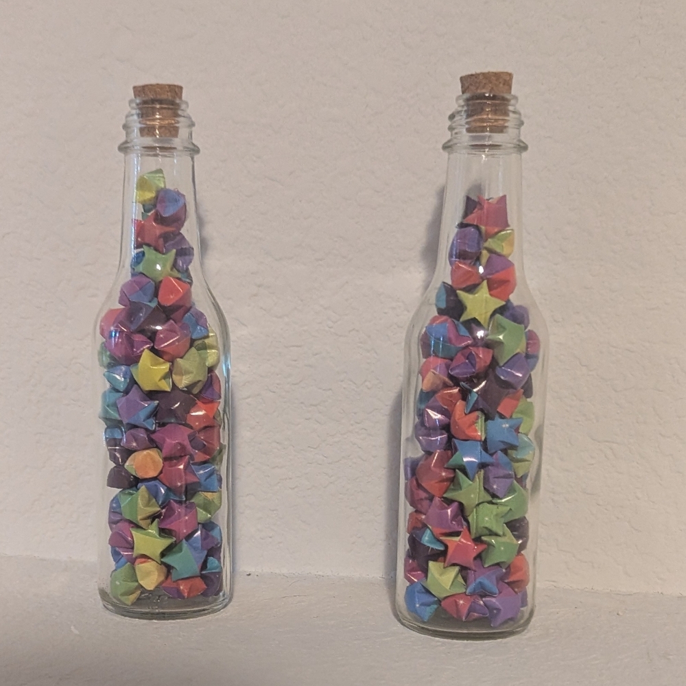 Colorful Origami Stars in Glass Bottles